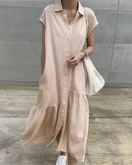 Casual Short Sleeve Ruffles Collared Button Down Maxi Dress