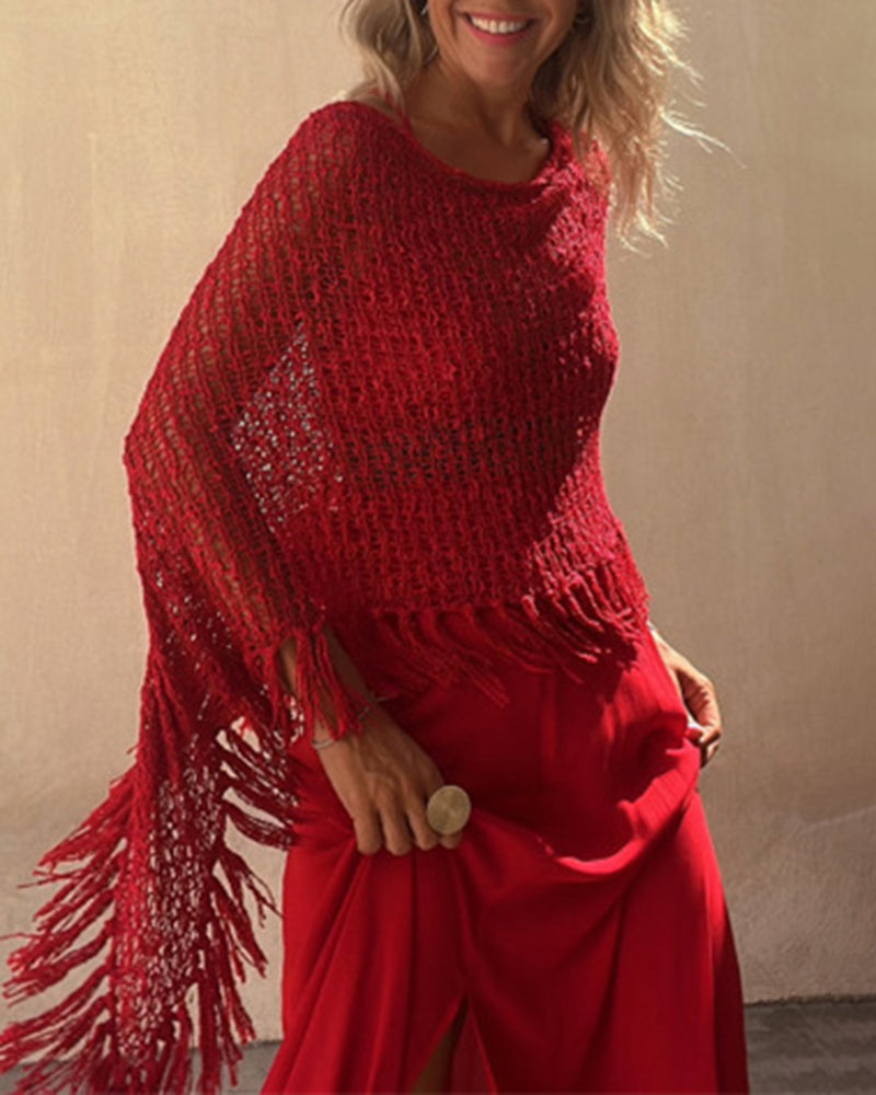 Dolman Sleeve Fringe Knit Sweater Pullover Cape Shawl Blouse