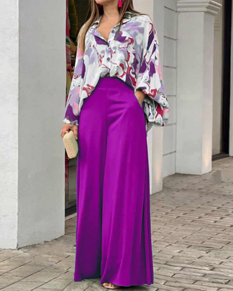 Two Piece Sets Long Puff Sleeve Shirt and Wide Leg Pants Streetwear Elegant Printed Vintage Sets