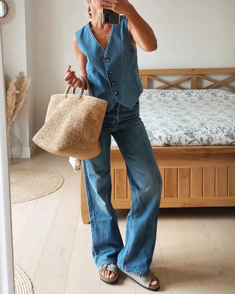 Sleeveless Denim Vest V Neck Button Down Waistcoat Jacket