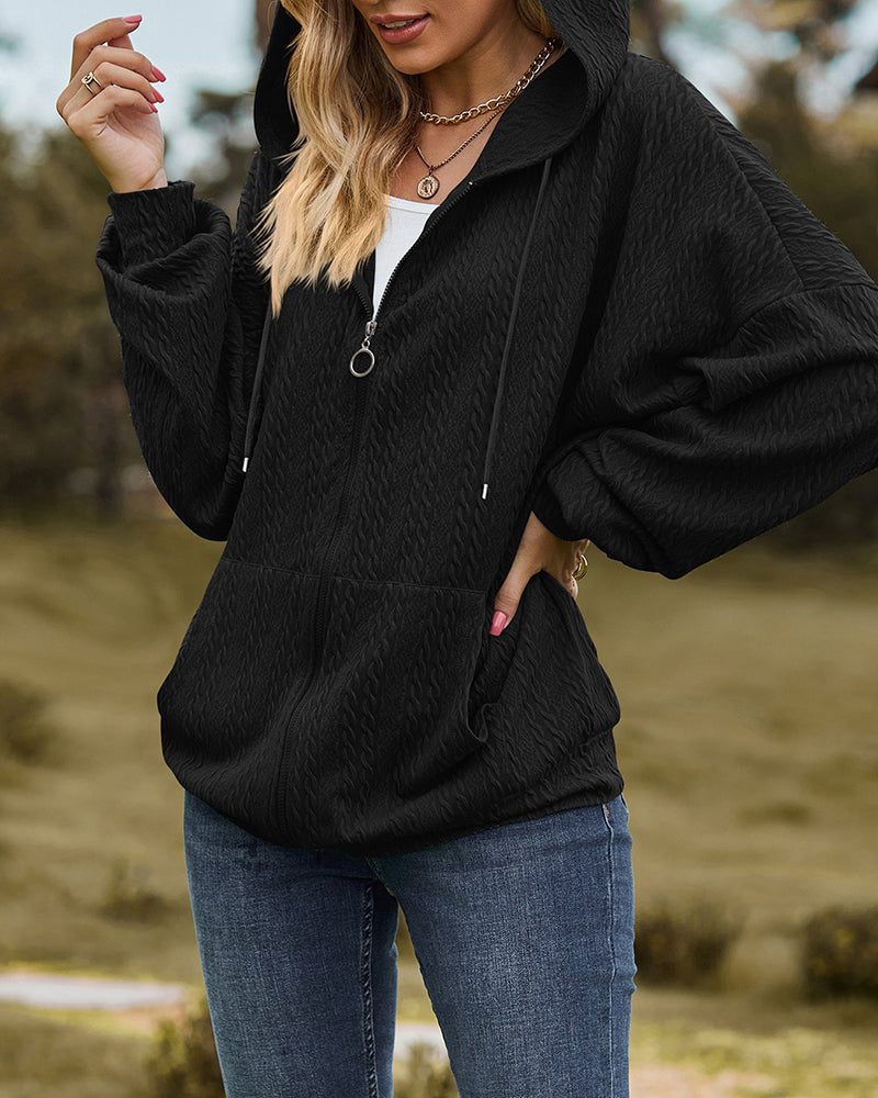 V-Neck Zipper Closure Solid Color Long Loose Hoodie Jacket