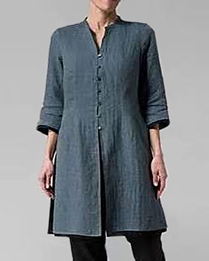 Vintage 3/4 Sleeve Single-breasted Irregular Hem Tunic Top Long Shirt Dress