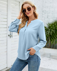 Solid Color Shirt Loose Casual V Neck Long Sleeve Western Blouse