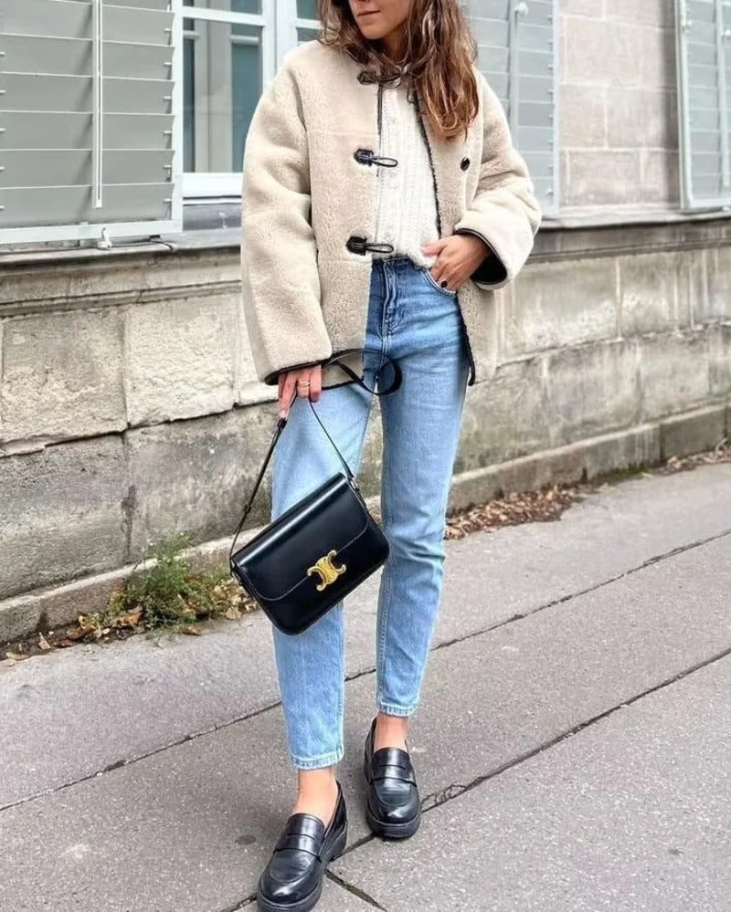 Round Neck Long Sleeve Faux Fur Coat