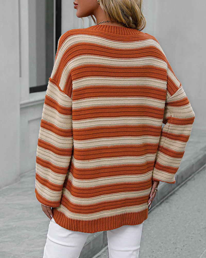 Striped Sweater Women Knitted Crew Neck Pullover Sweater