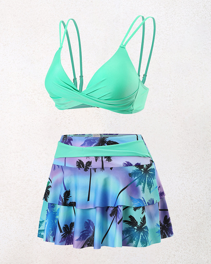 Split High-waisted Lotus Leaf Edge Printing Bikini Swimsuit