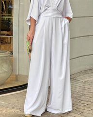 Deep V Long Bat Sleeve Casual Jumpsuit High Waist Wide Leg Trousers Cute Rompers