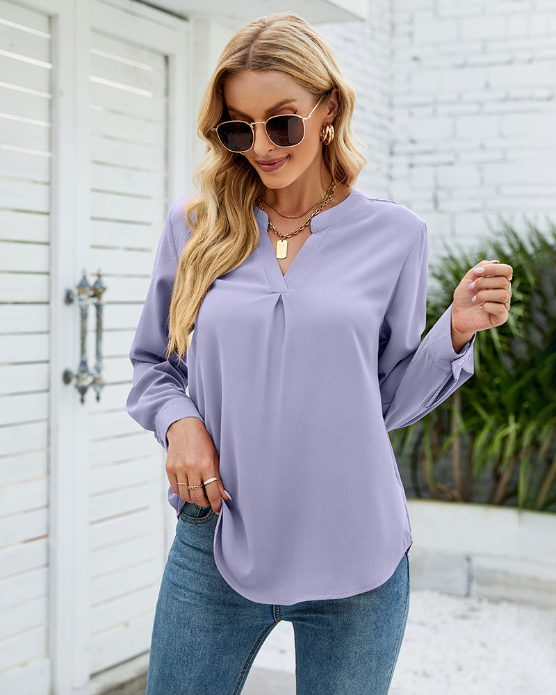 Solid Color Shirt Loose Casual V Neck Long Sleeve Western Blouse