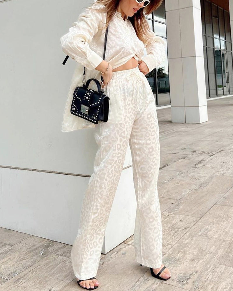 Leopard Jacquard Two-Piece Set Long Sleeve Shirt with Elastic Waist Loose Fit Pants