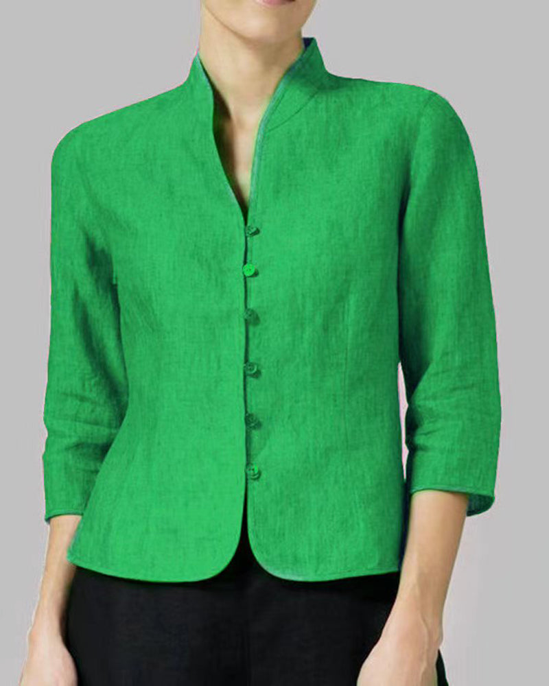 Stand Collar Button Slim Fit Three Quarter Sleeve Shirt Top