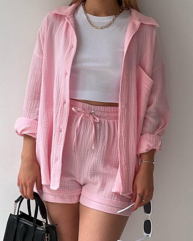 Solid Pocket Patched Drop Shoulder Blouse & Shorts Sets