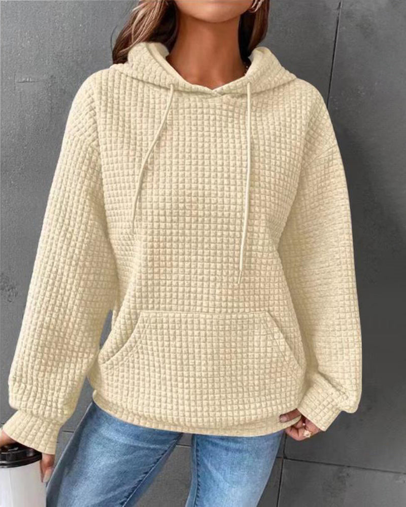 Casual Long Sleeve Waffle Hoodie Drawstring Pullover Sweatshirts Crop Top with Pockets