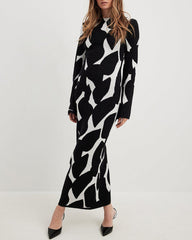 Black And White Long Sleeve Knit Maxi Dress
