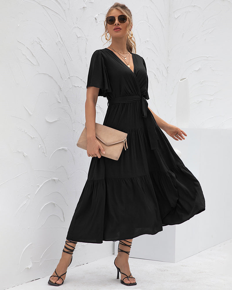 Elegant V Neck Short Sleeve Wrap Maxi Dress Loose High Waist Pleated Flowy Swing Long Dress with Belt