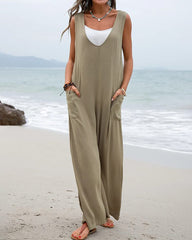 Wide Leg Jumpsuit Sleeveless V-Neck Casual Loose Jumpsuit Comfy Baggy Tank Romper with Pockets