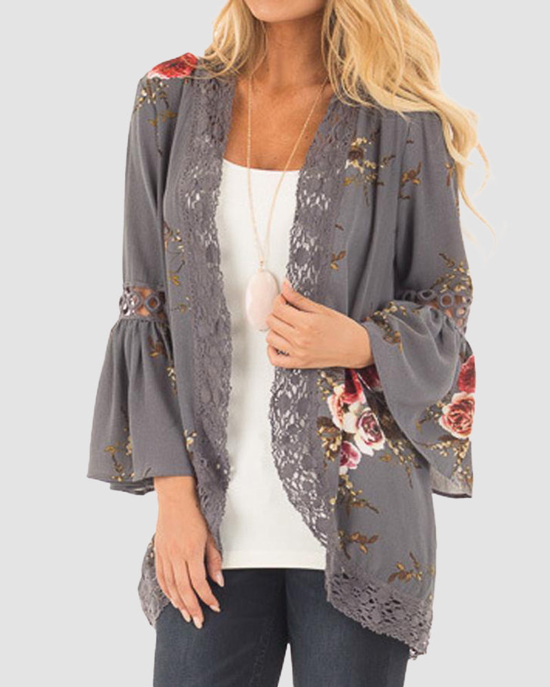 Flare Sleeve Floral Print Lace Blouse Cardigan