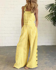 Sleeveless Overalls Jumpsuit Casual Plaid Print Summer Wide Leg Bib Jumpsuits