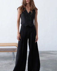 Solid Color Two-Piece Set Casual Black Sleeveless Crop Vest Long Straight Pants Suits