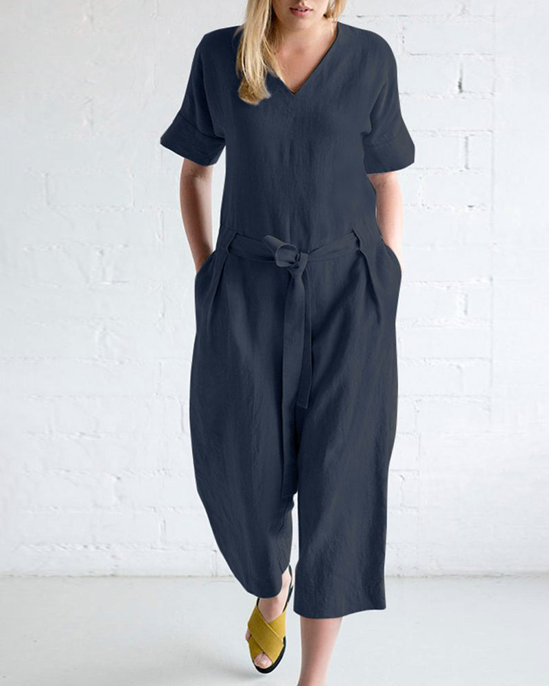 Solid Color Loose Fit Overall Jumpsuit with Pockets