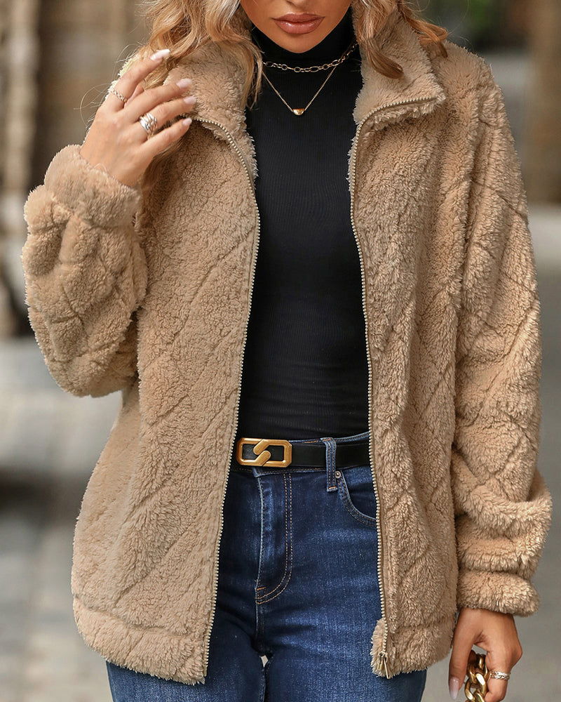 Zipper Plaid Fleece Pockets Women's Coat Cardigan