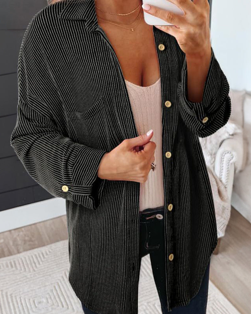 Striped Single-breasted Mid-length Corduroy Shirt Jacket