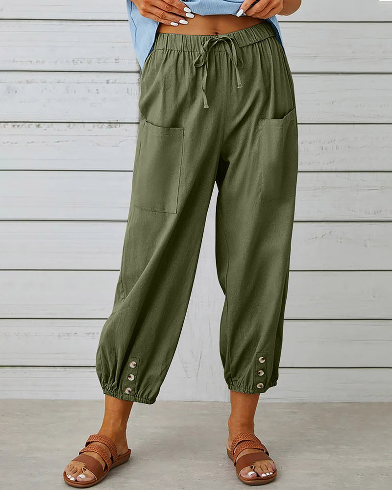 Plus Size Drawstring Soild Elastic Pocket Casual Pants