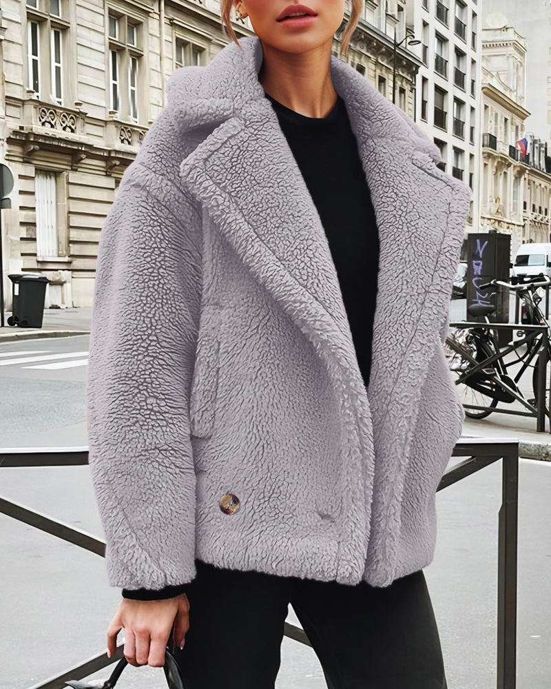 Lapel Fleece Jacket Long Sleeve Pockets Faux Fur Dressy Fall Outfits