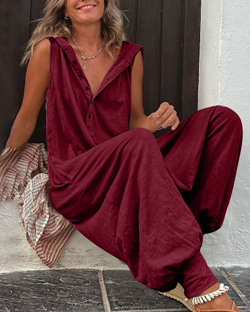 Solid Color Button Hood Sleeveless Jumpsuit