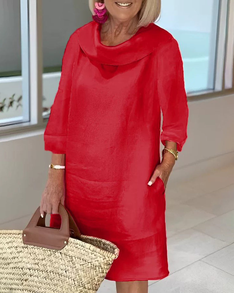 Stitching Round Neck Casual Style Solid Color Long Sleeve Dress