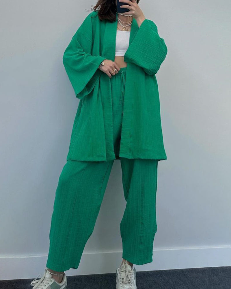 Casual Loungewear Set Solid Color Loose Long Sleeve Kimono Cardigan and Pants