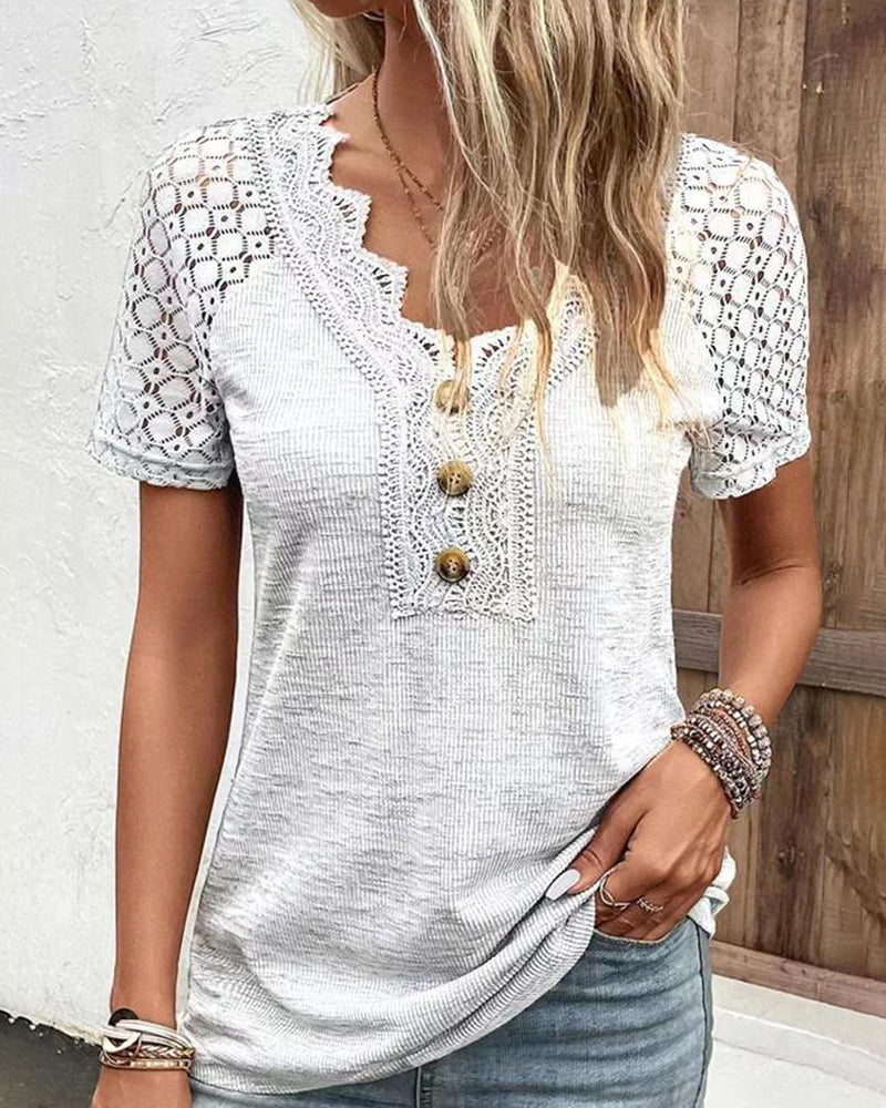 V Neck Lace Ribbed Tops Decoration Button Down T-Shirts Summer Short Sleeve Casual Blouse