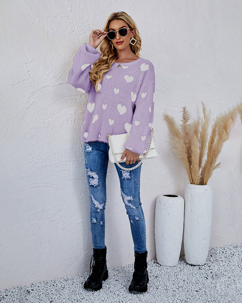 Love Pattern Round Neck Knit Sweater