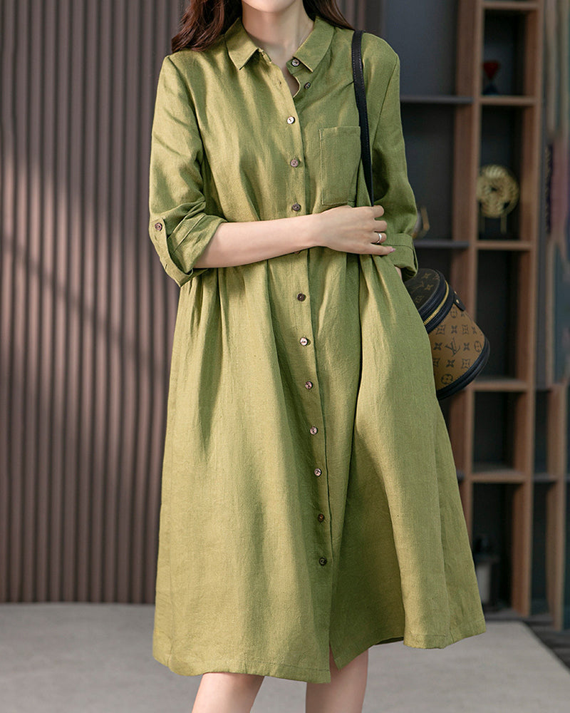 Loose Solid Color Three-quarter Sleeve Dress Mid-length Shirt Dress