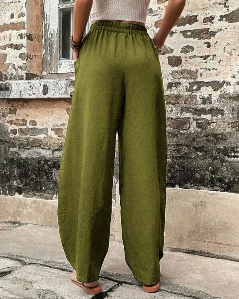 Solid Color Bottoms Elastic Waisted Pant Summer Baggy Trousers Straight Leg Pants