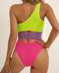 Color-Panel Crinkled Cutout One-Piece Swimsuit