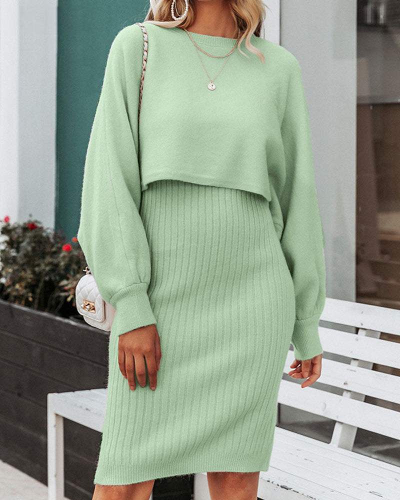 Women's Two Pieces Sets Long Sleeve Lazy Style Fashionable Sweater + Solid Knitted Skirt Dress