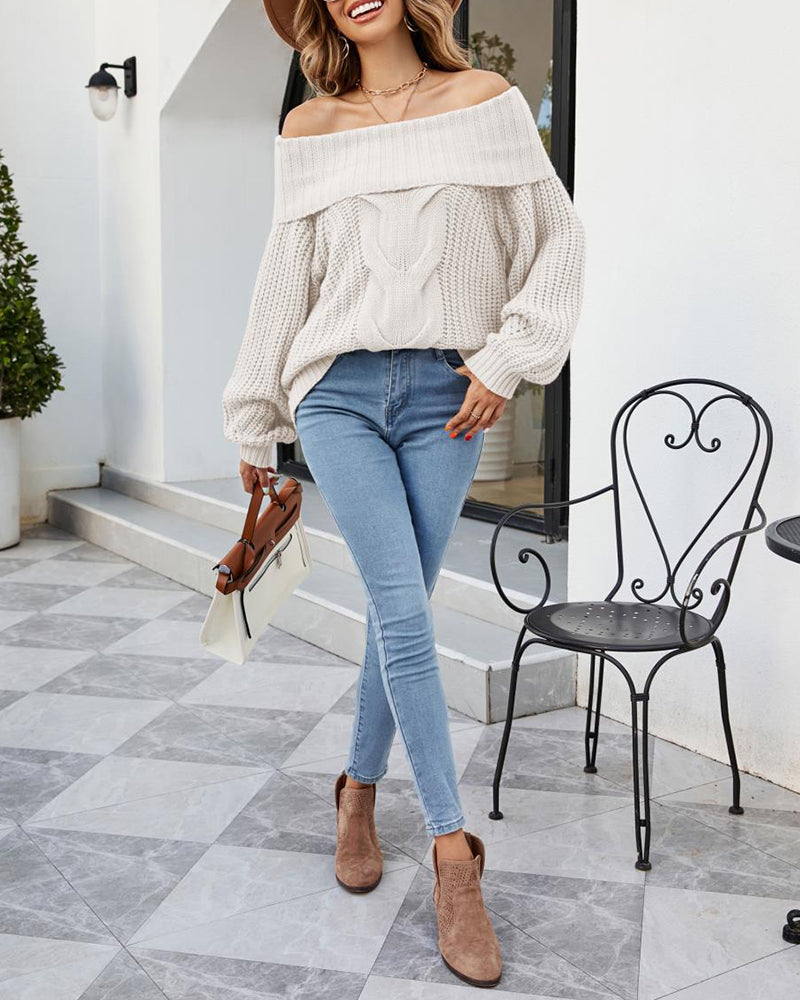 Knit Off-The-Shoulder Slim Soft Long Sleeve Pullover Sweater