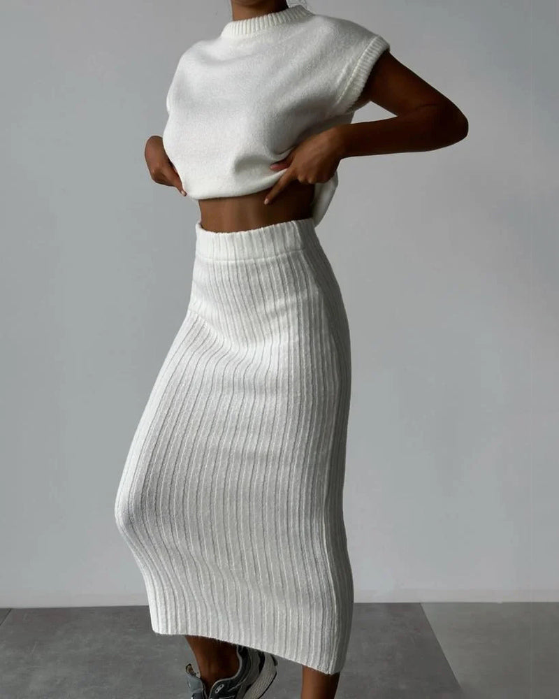 Sleeveless Vest + Knitted Skirt Two-piece Set