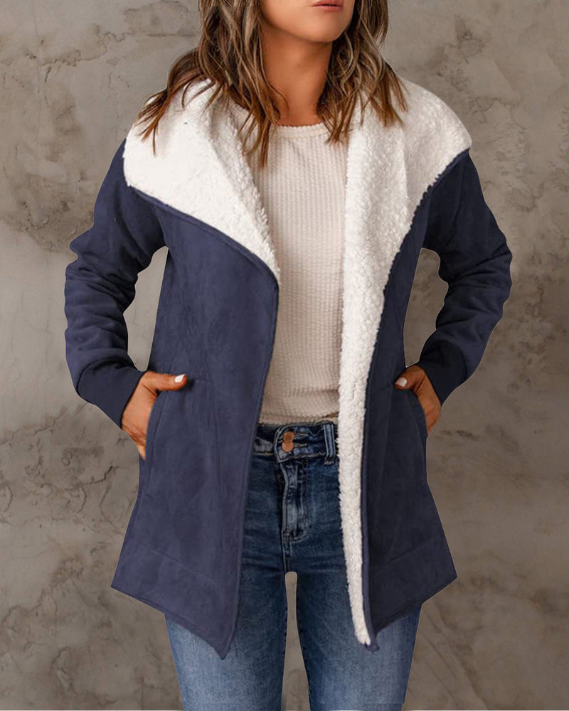 Fleece Long Sleeve Warm Teddy Coat Lapel Cardigan With Pocket