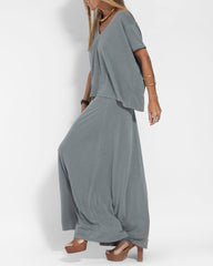 Two-piece Set Solid Short Sleeve O Neck Tank Maxi Skirt