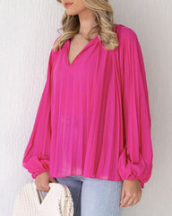 Pink Pleated V-neck Blouse