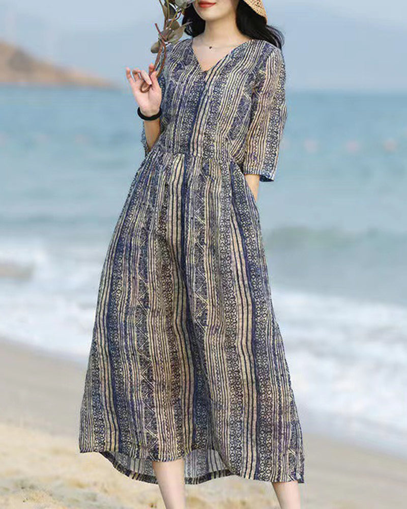 V-neck Half Sleeve Retro Striped Print Waist Midi Dress