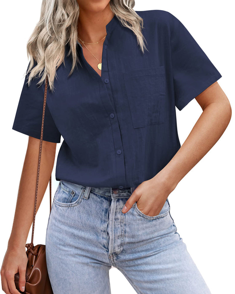 Women Casual Linen Shirts Henley Short Sleeve Blouses Lightweight Loose Top - Zeagoo (Us Only)