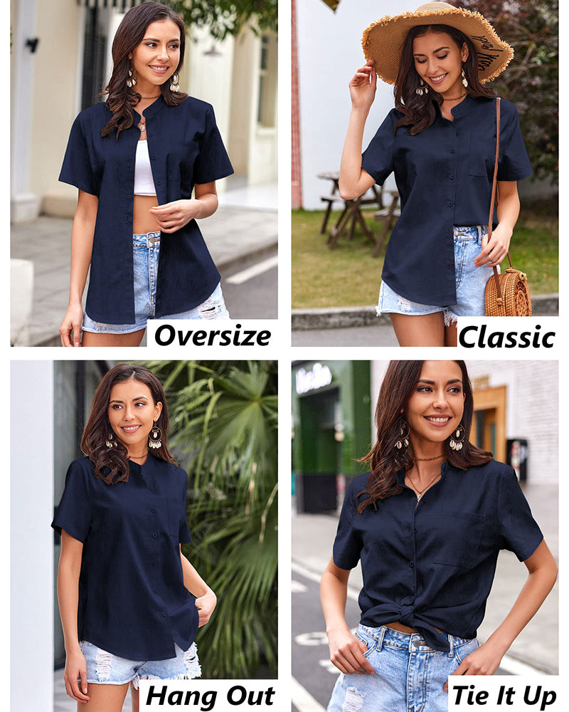 Women Casual Linen Shirts Henley Short Sleeve Blouses Lightweight Loose Top - Zeagoo (Us Only)