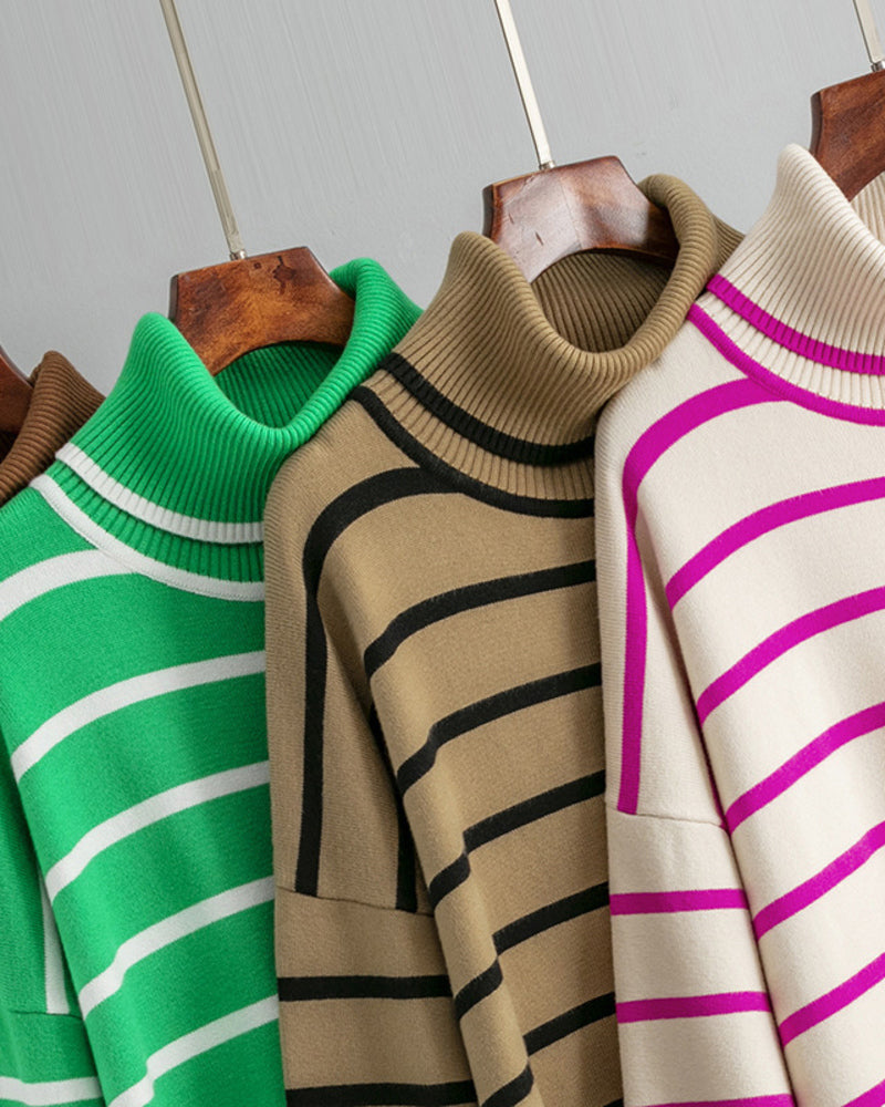 Striped Sweater Casual Turtleneck Knit Pullover Jumper Tops