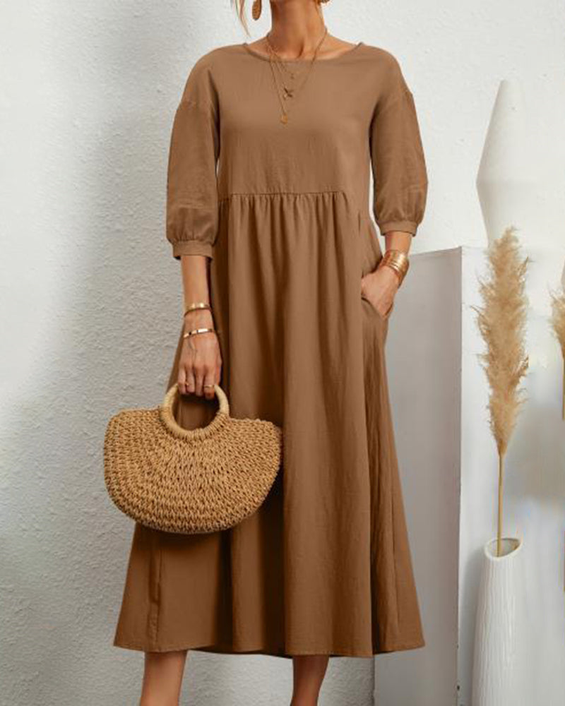 Lantern Sleeve Long Dress Solid Color Loose Crew Neck Mid Waist Dresses with Pockets
