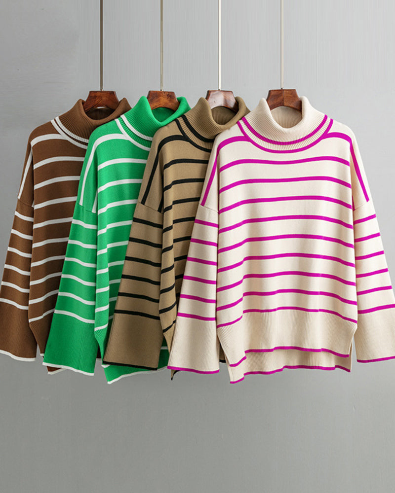 Striped Sweater Casual Turtleneck Knit Pullover Jumper Tops