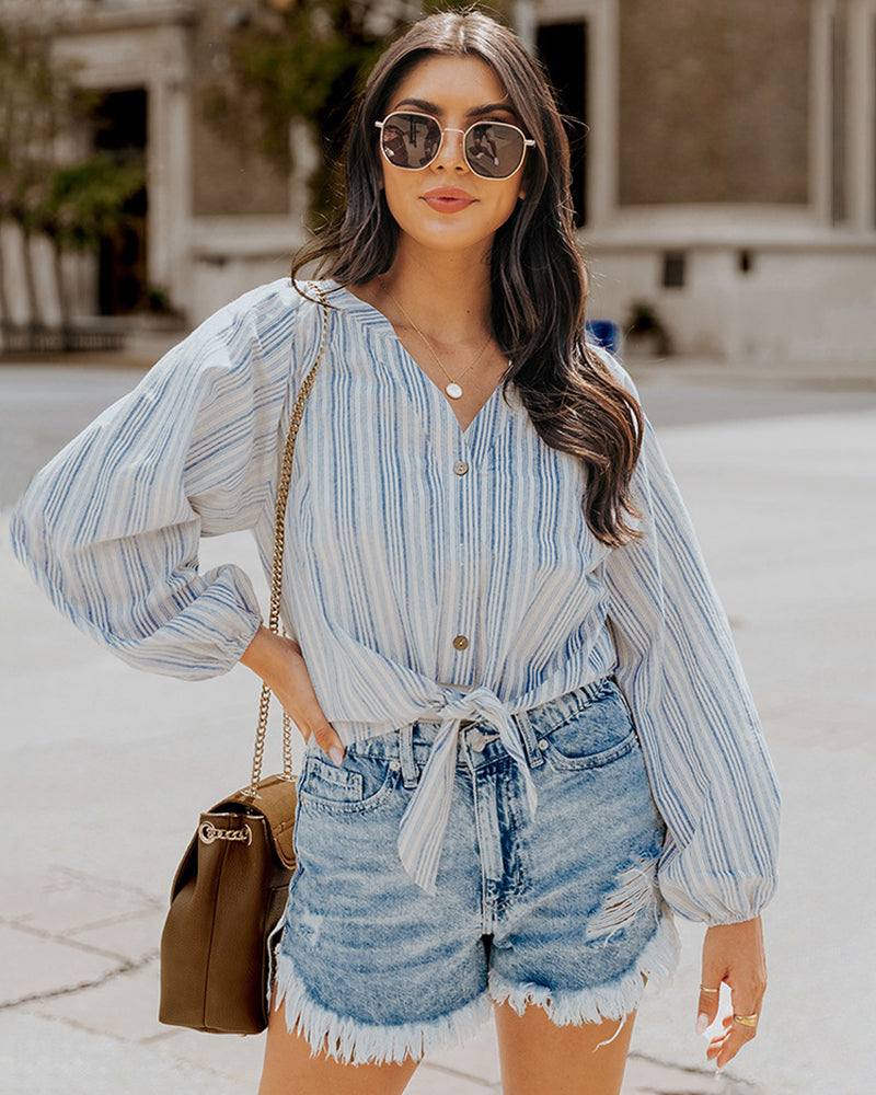 Long Sleeve V-Neck Stripes Casual Blouses Button Down Shirt Tops