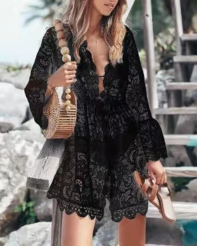 V Neck Lace Dress Hollow Crochet Pool Swim Beach Bikini Cover-ups Mini Dress