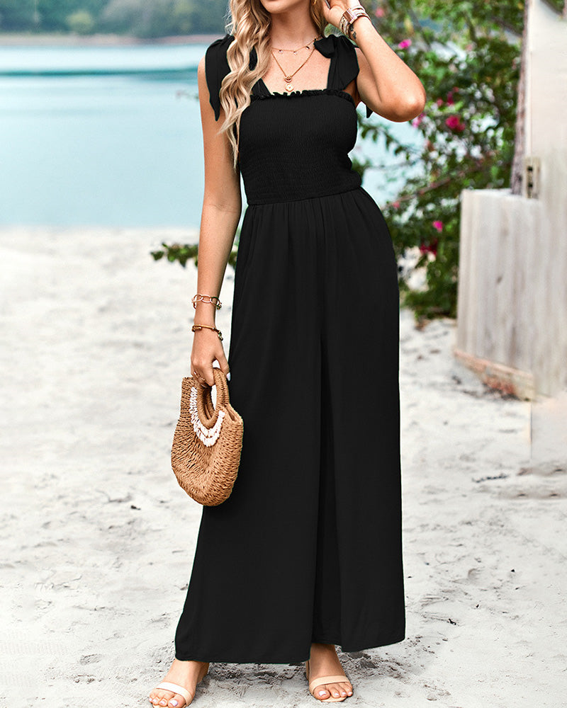Sleeveless Lace-up Smocked Jumpsuits Solid Loose fit Wide Leg High Wasit Romper